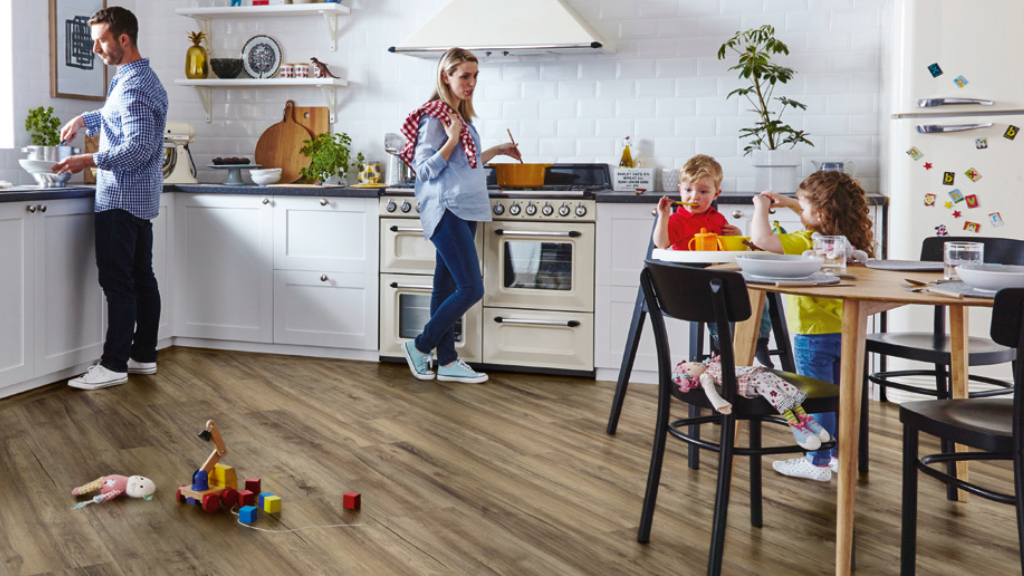 A busy family kitchen showcasing a Karndean floor