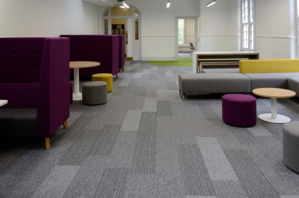 A commercial space showcasing carpet tiles