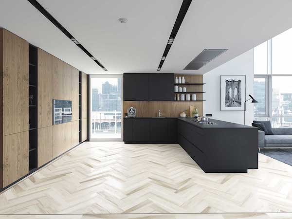A kitchen space with Herringbone Ambiance tiles