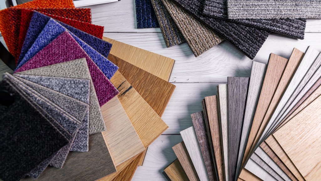 A selection of different flooring, including carpet and vinyl