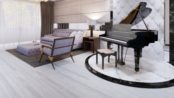 A lounge space housing a piano with wood design vinyl flooring