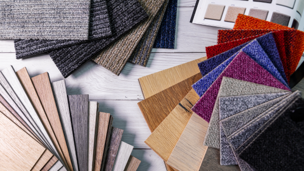 A selection of different flooring types, including luxury vinyl tiles and carpet