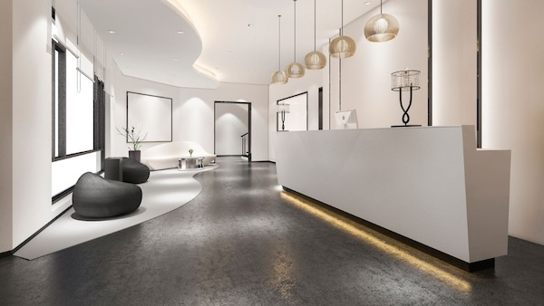 A luxury reception area in a hotel with luxury vinyl tile flooring