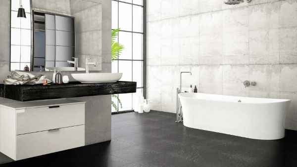 A bathroom with a natural slate LVT design